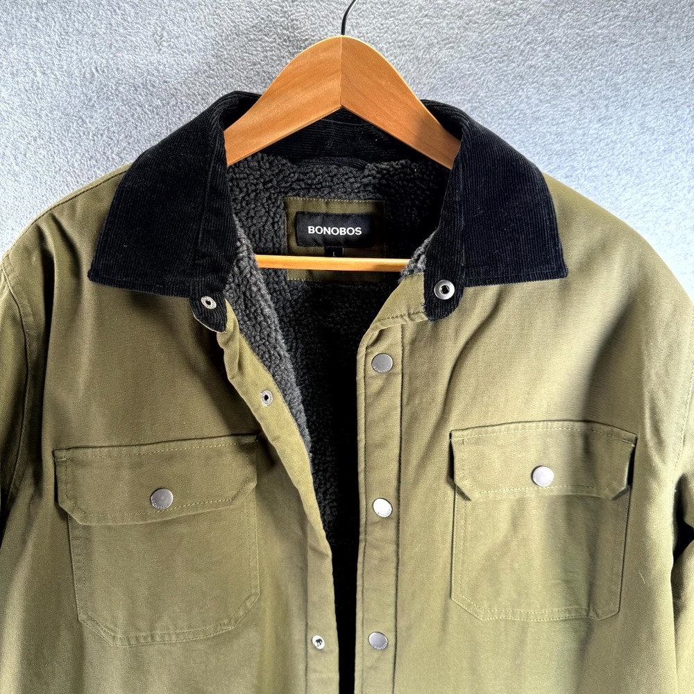 Bonobos Work Jacket Men's Large Olive Sherpa Fleece Lined Button Up Shacket‎ - Picture 2 of 9